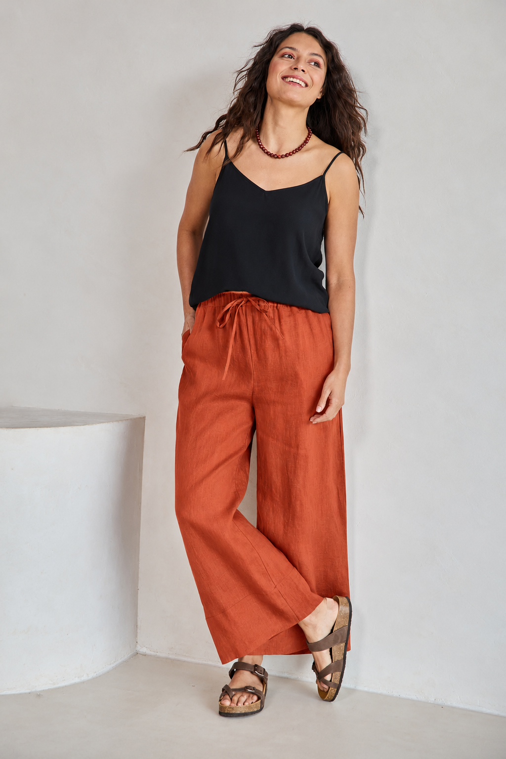 Linen Cropped Drawstring Pant – Rust