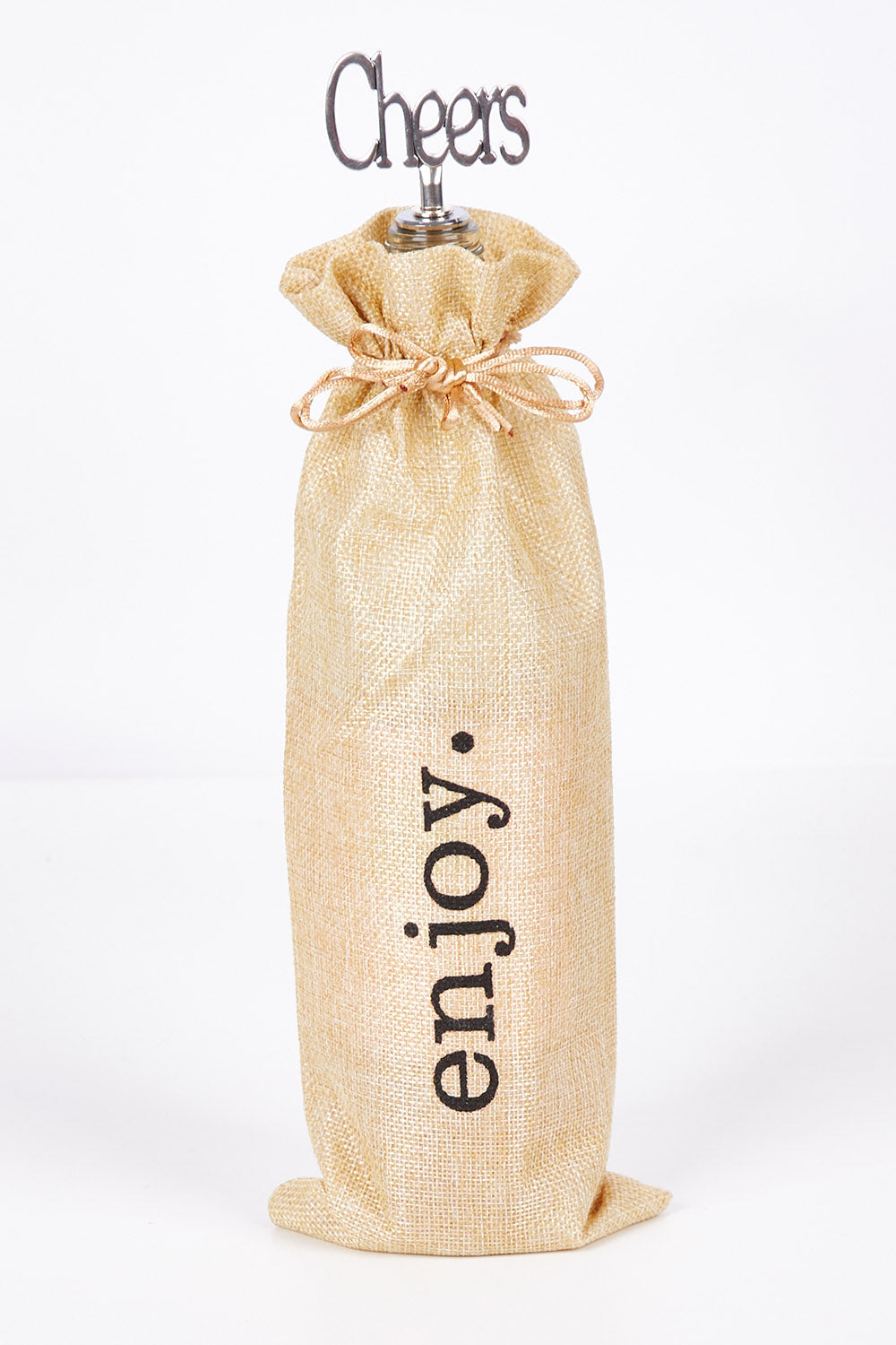 A model wearing size OneSize of the Enjoy Wine Bottle Bag And Stopper in colour Silver (Metallics), from the front, showing the whole outfit