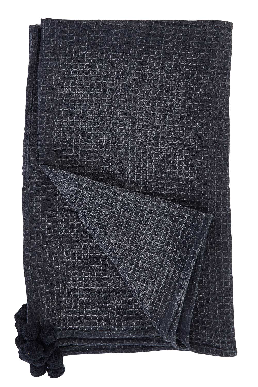 Product shot of the Textured Cotton Throw With Pompoms in colour Black (Black), from the front