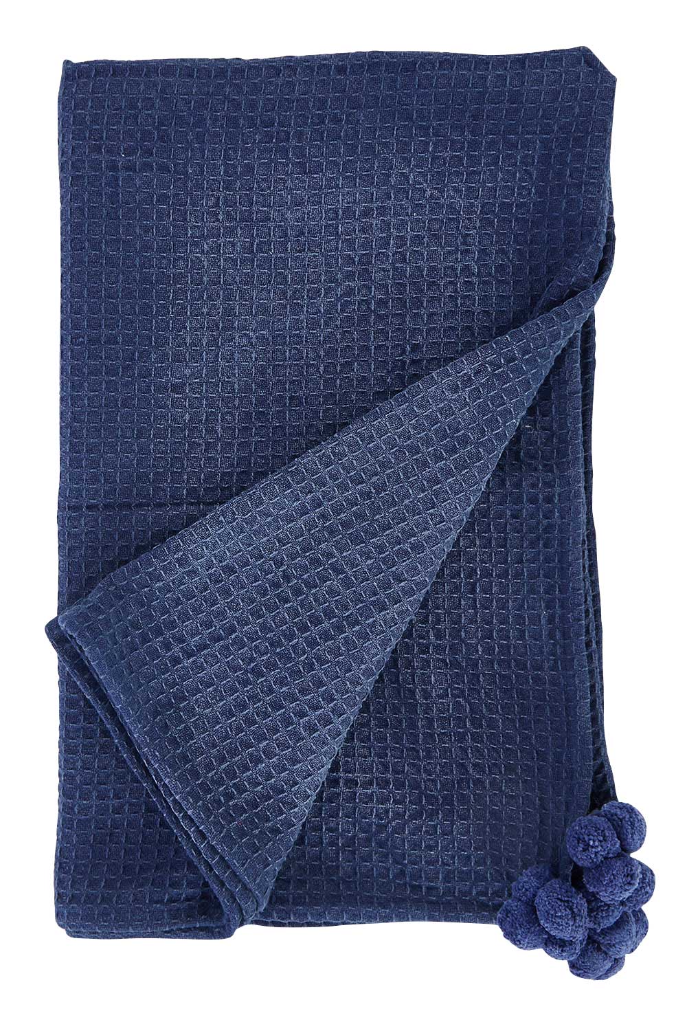 Product shot of the Textured Cotton Throw With Pompoms in colour Navy (Blue), from the front