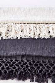 A model wearing size OneSize of the Crossed Fringe Throw in colour Grey (Grey), from the front, showing the whole outfit