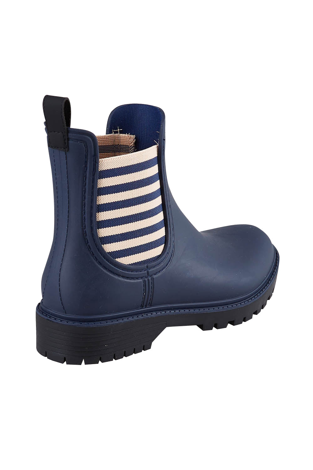 Product shot of the Laurina2 Gumboot in colour Navystripe (Blue), from the back