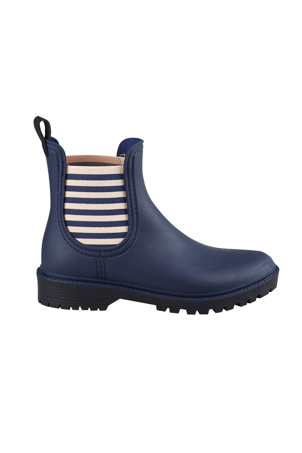 Product shot of the Laurina2 Gumboot in colour Navystripe (Blue), from the front