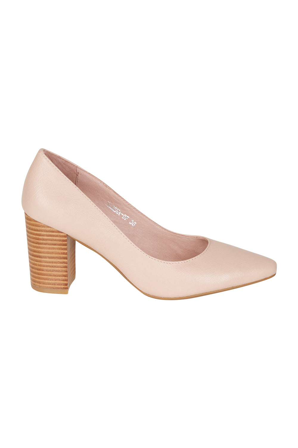 Product shot of the Sabena Leather Heel in colour Dknude, from the front