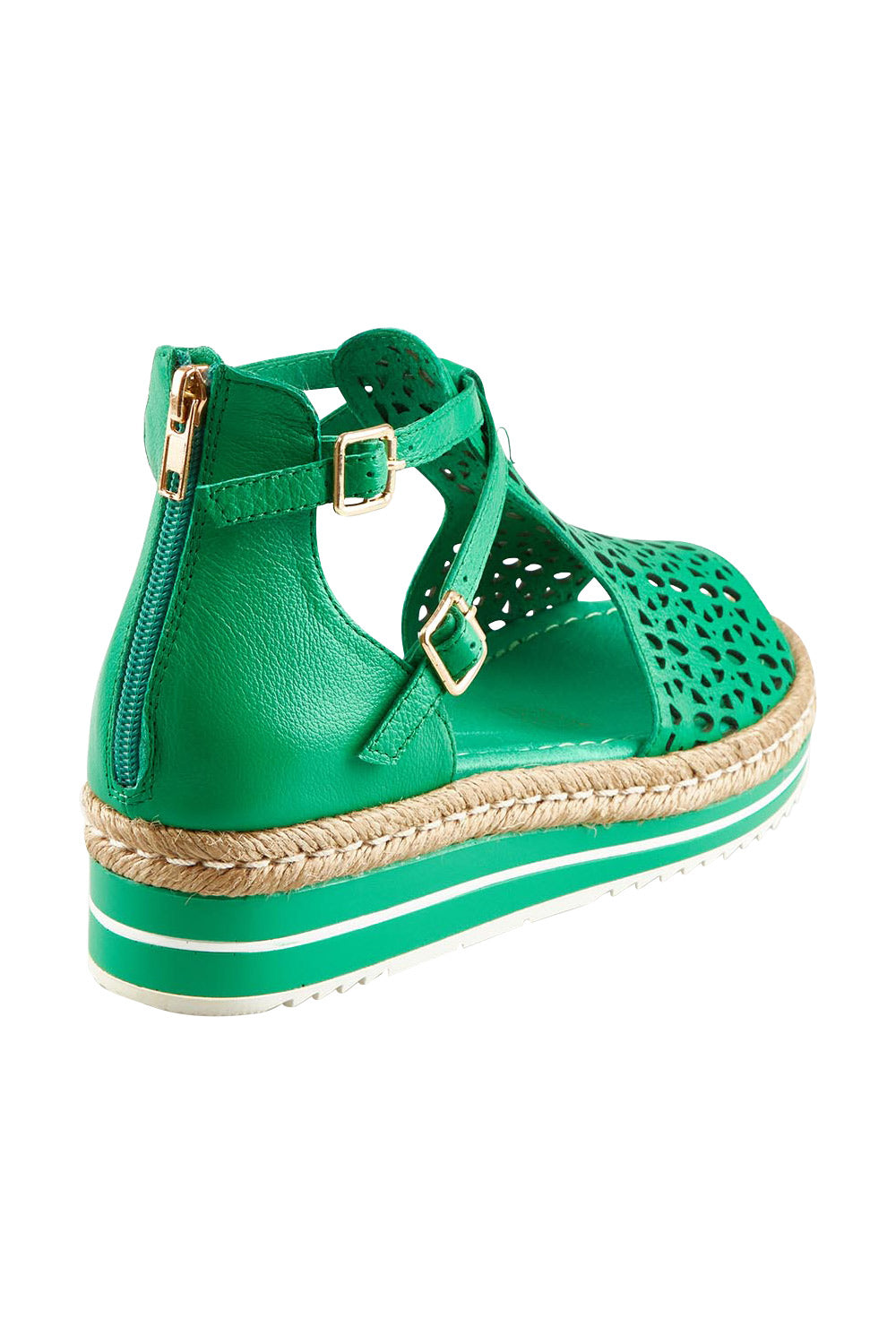 Product shot of the Accra Leather Sandal in colour Emerald (Green), from the back