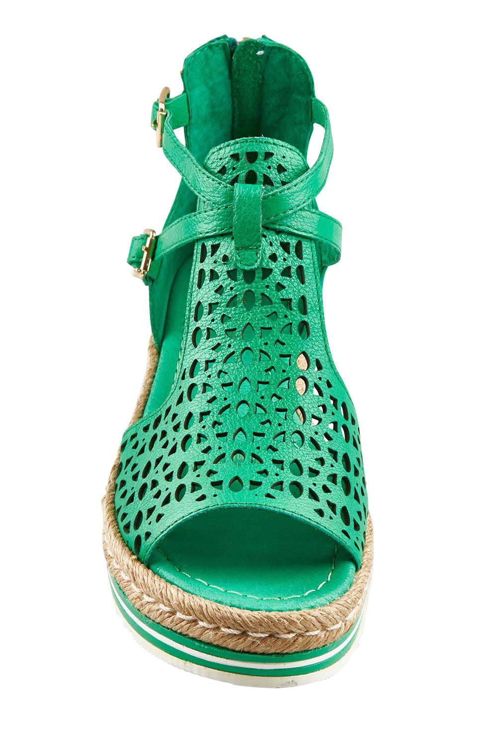 Product shot of the Accra Leather Sandal in colour Emerald (Green), detail