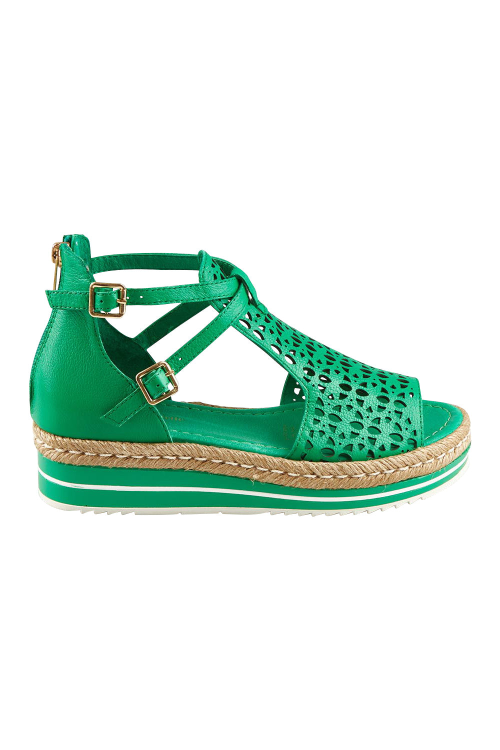 Product shot of the Accra Leather Sandal in colour Emerald (Green), from the front