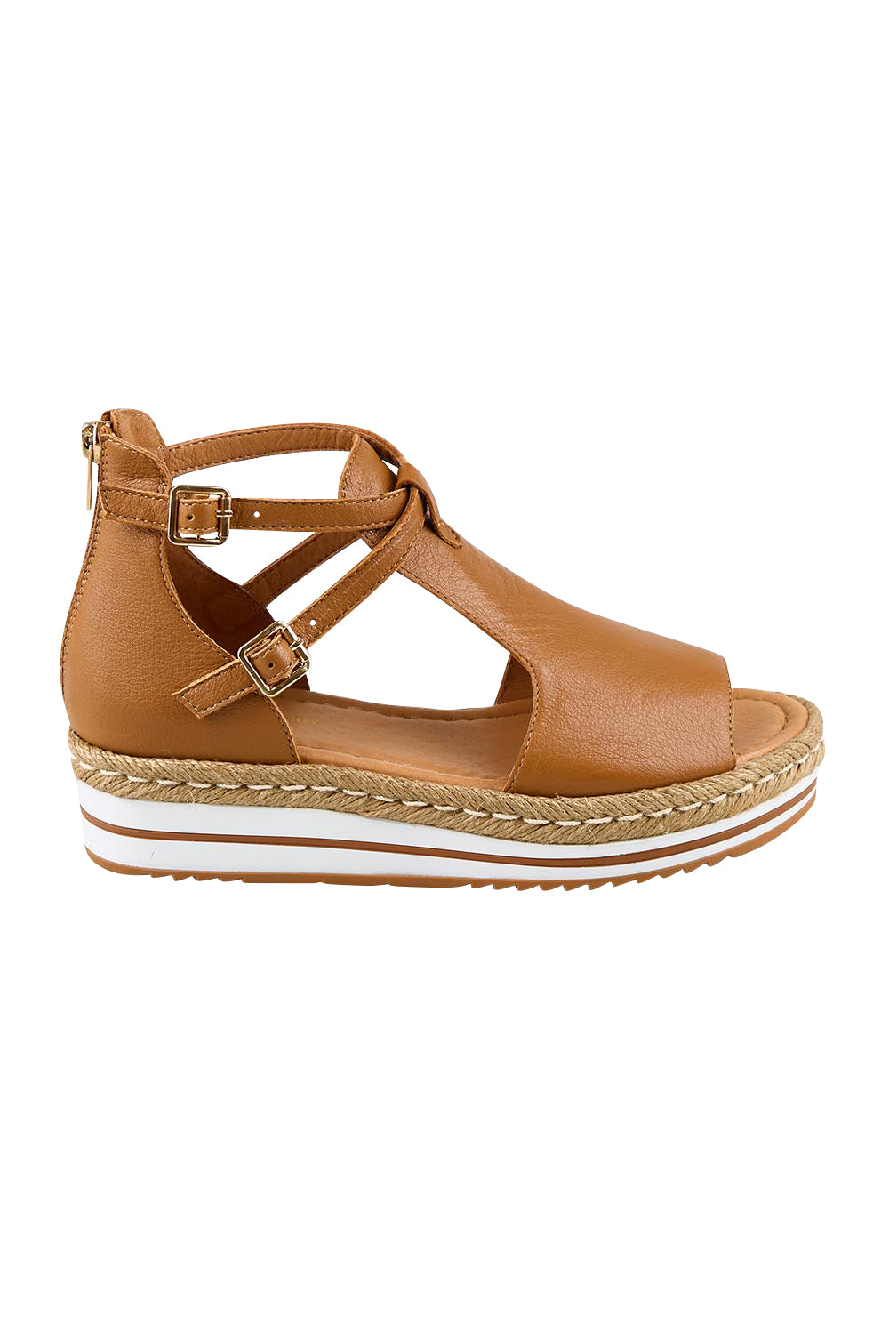 Product shot of the Alexys Leather Flatform - Darktan in colour Darktan, from the front