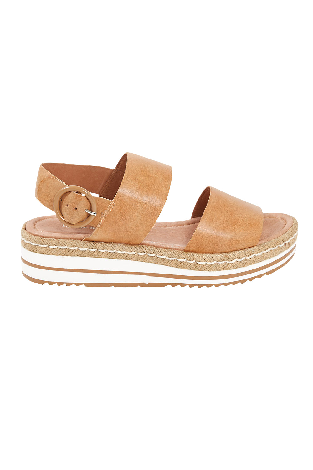Product shot of the Atha Sandal Flatform in colour Darktan, from the front