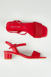 A model wearing size 37 of the Hanita Leather Heel in colour Red (Red), from the front, showing the whole outfit