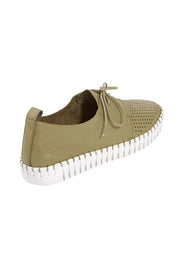 Product shot of the Huston Leather Flat in colour Khaki (Green), from the back