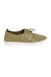 Product shot of the Huston Leather Flat in colour Khaki (Green), from the front