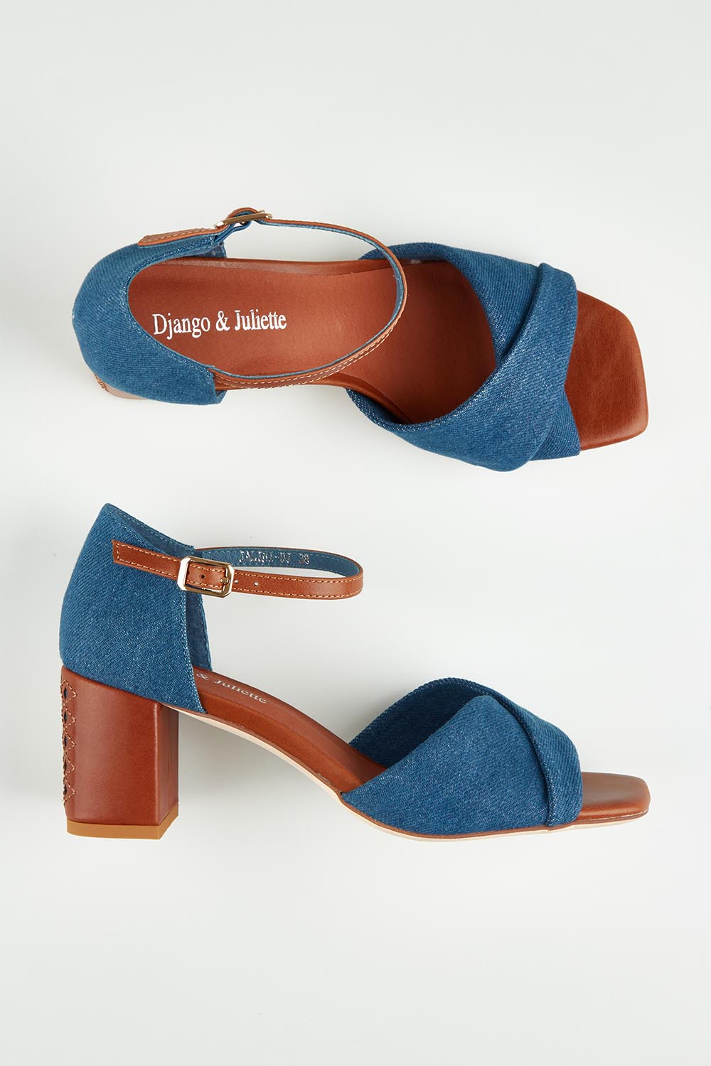 A model wearing size 37 of the Jalini Heel Detail Leather Heel in colour Dkdenimtan (Blue), from the front, showing the whole outfit