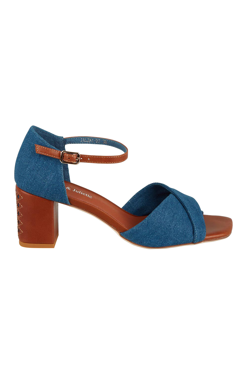 Product shot of the Jalini Heel Detail Leather Heel in colour Dkdenimtan (Blue), from the front