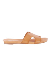 Product shot of the Jamel Leather Flat Sandal in colour Darktan, from the front