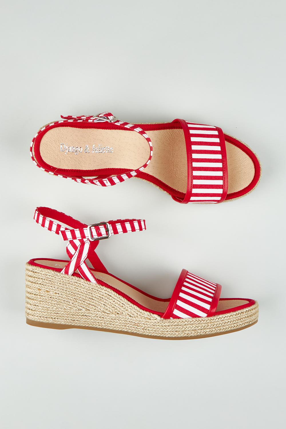 A model wearing size 37 of the Melodys Stripe Wedge in colour Redwhite (Red), from the front, showing the whole outfit
