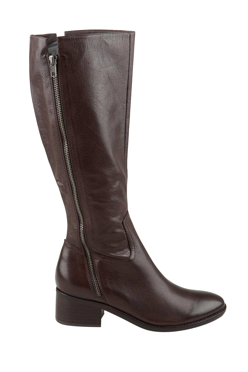 Product shot of the Pector Leather Knee Boot in colour Chocolate, from the front
