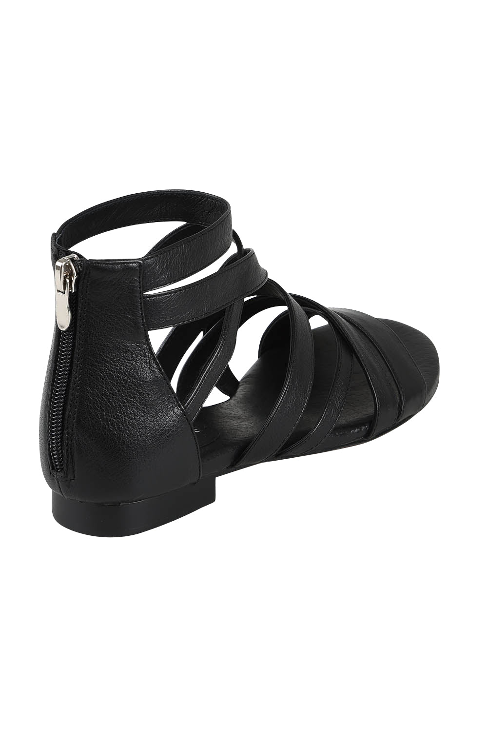 Product shot of the Pillish Leather Flat Sandal in colour Black (Black), from the back