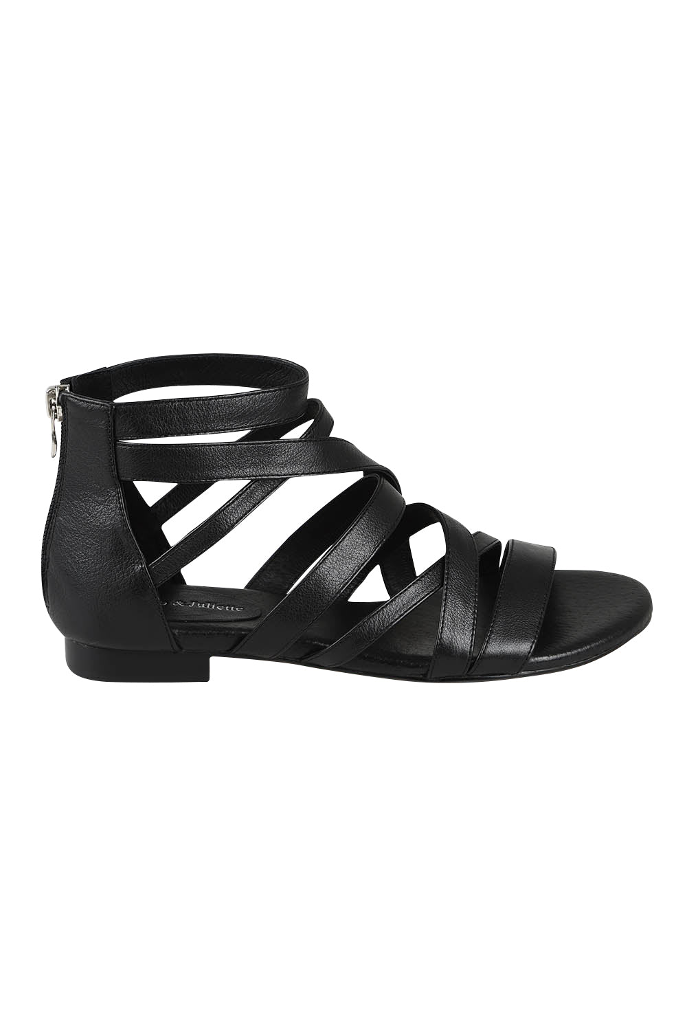 Product shot of the Pillish Leather Flat Sandal in colour Black (Black), from the front