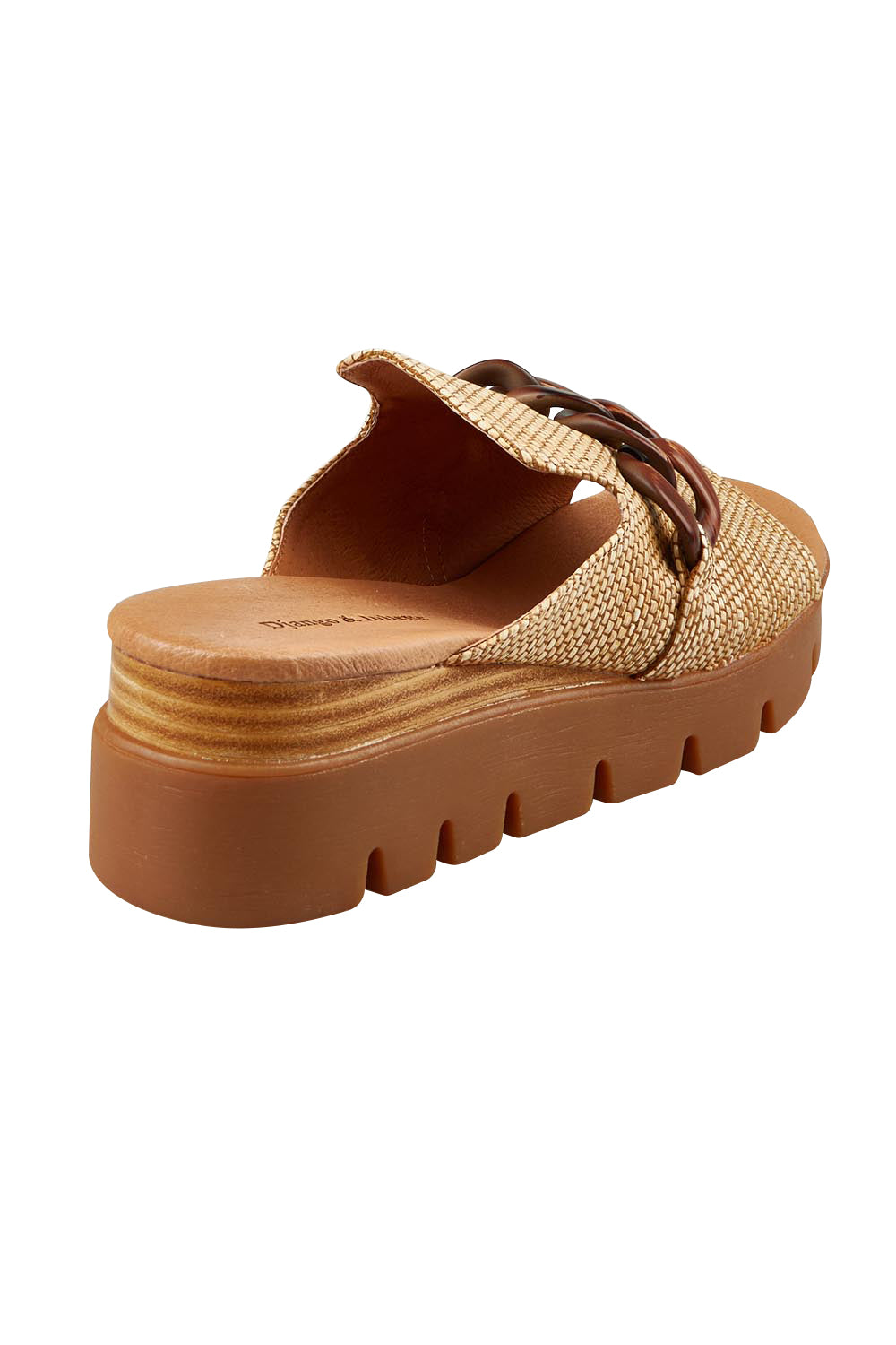 Product shot of the Riley Raffia Wedge in colour Coffee, from the back