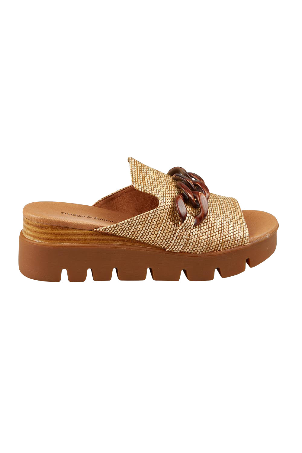 Product shot of the Riley Raffia Wedge in colour Coffee, from the front