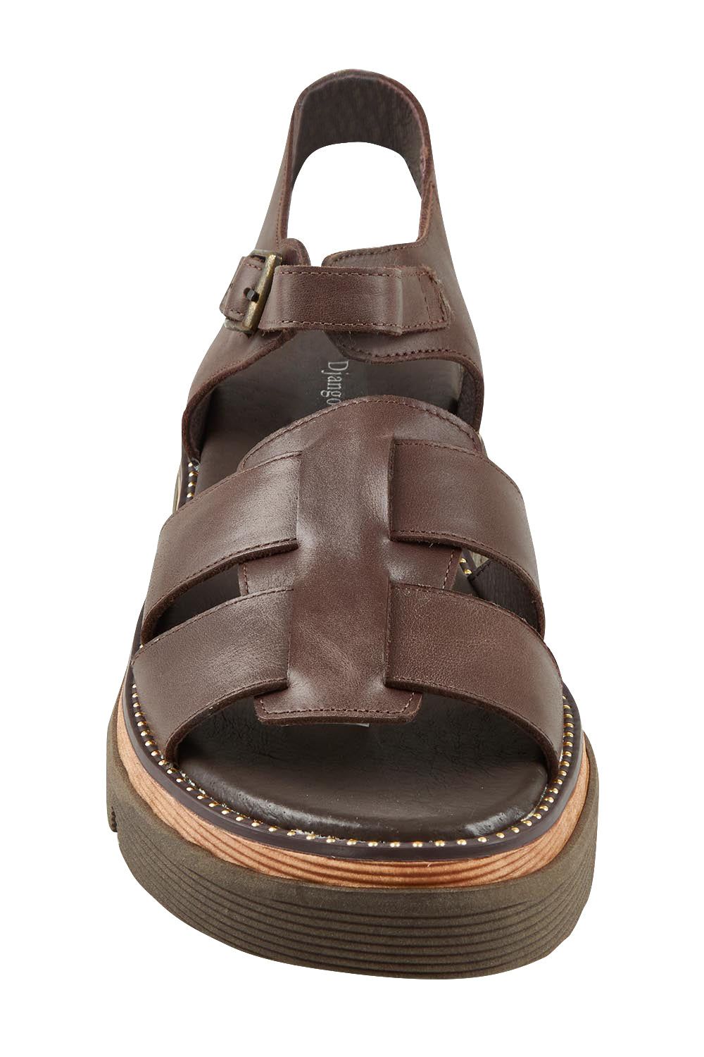 Product shot of the Simm Leather Flatform in colour Chocolate, detail