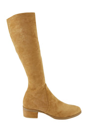 Product shot of the Timothie Microsuede Calf Boot in colour Camelstret, from the front