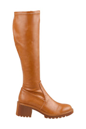 Product shot of the Zina Stretch Knee Boot in colour Tansmooth, from the front