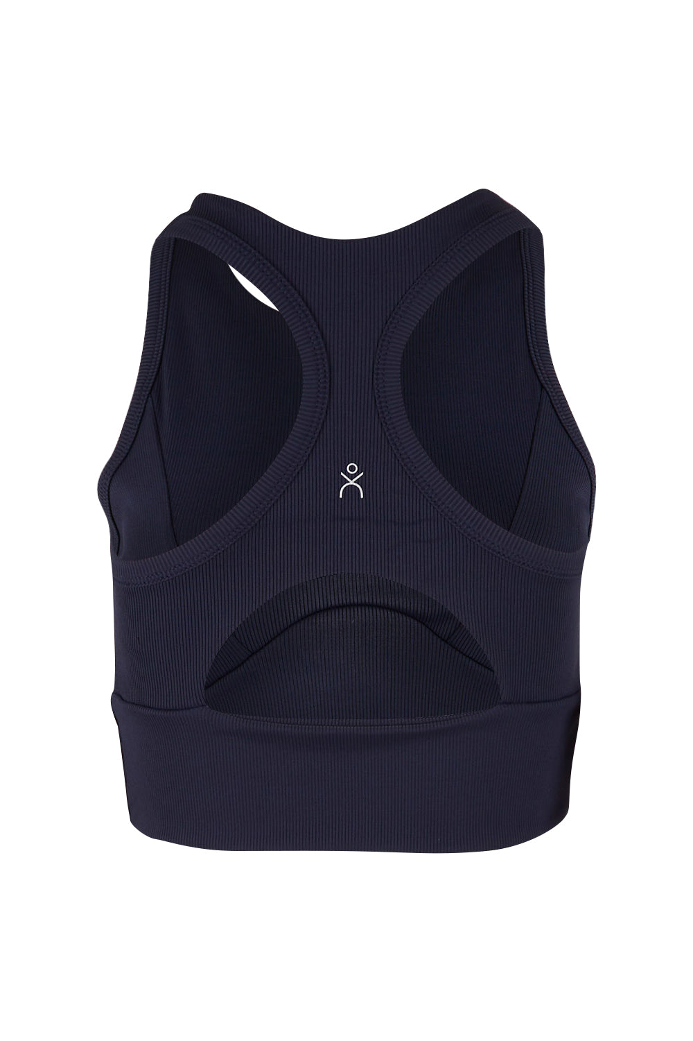 Product shot of the Zuki Ribbed Crop in colour Navy (Blue), from the back