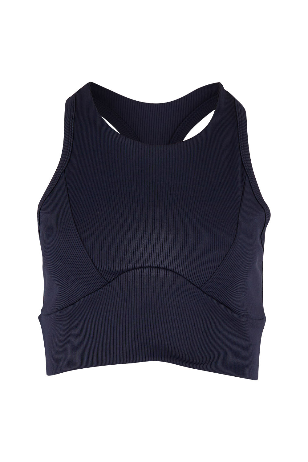 Product shot of the Zuki Ribbed Crop in colour Navy (Blue), from the front