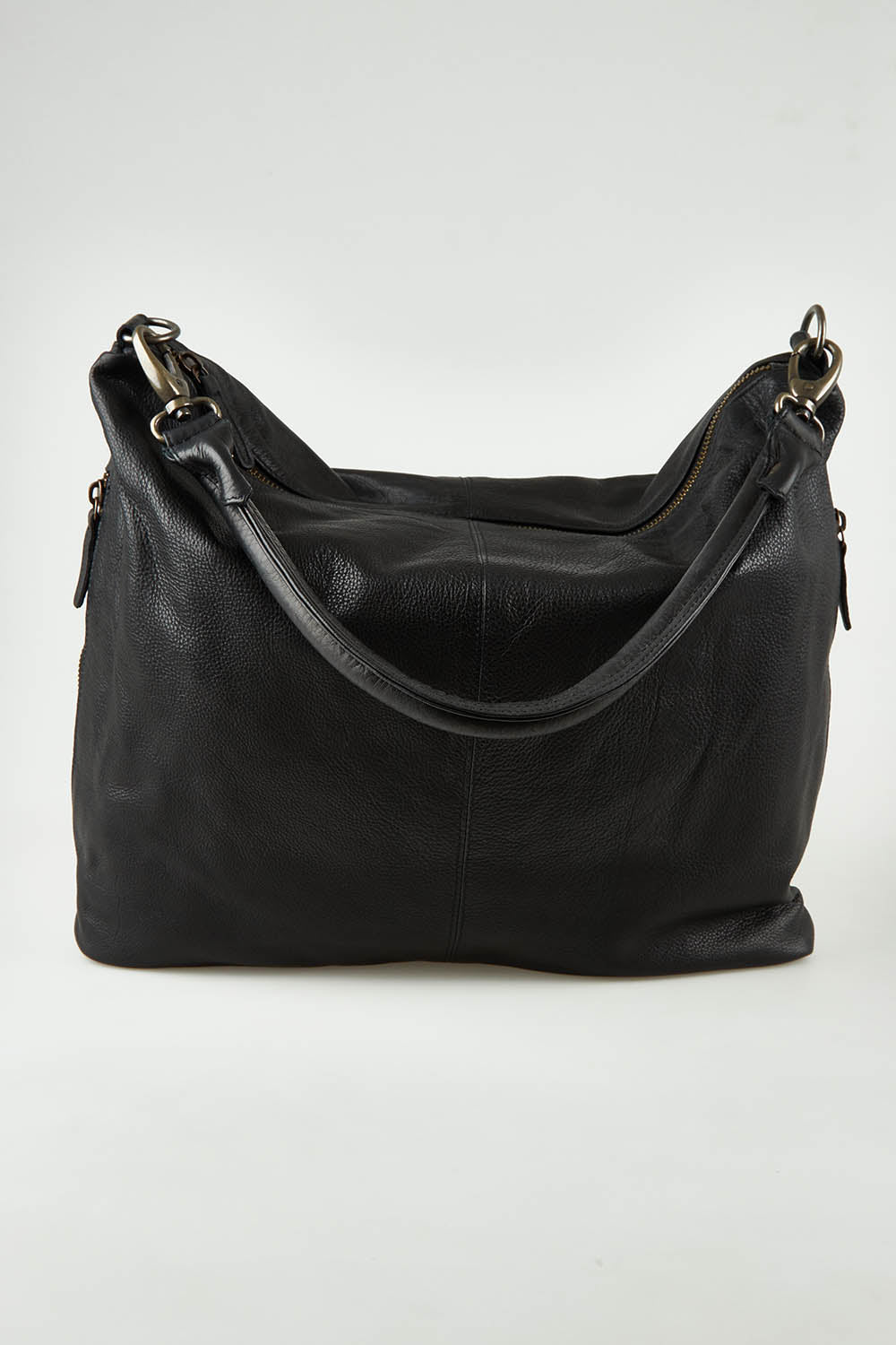 A model wearing the Adele Large Leather Bag in colour Black (Black), from the front, showing the whole outfit