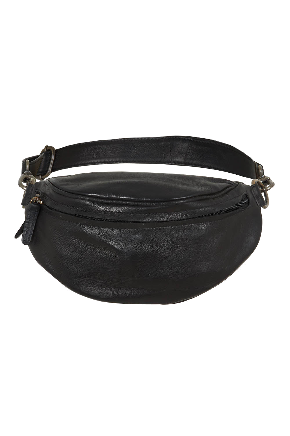 Product shot of the Escape The Ordinary Leather Belt Bag in colour Black (Black), from the front