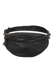 Product shot of the Escape The Ordinary Leather Belt Bag in colour Black (Black), from the front