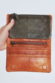 Model Steph wearing size OneSize of the Jane Leather Purse in colour Tanolive, from the front, cropped image