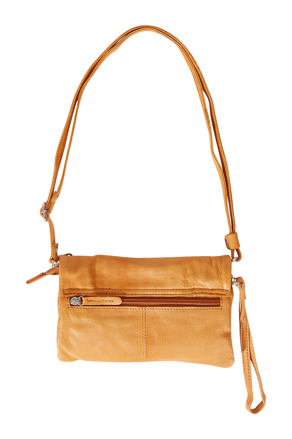 Product shot of the Lucie Leather Clutch Bag in colour Tan, from the back