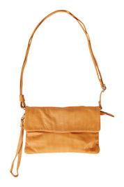 Product shot of the Lucie Leather Clutch Bag in colour Tan, from the front
