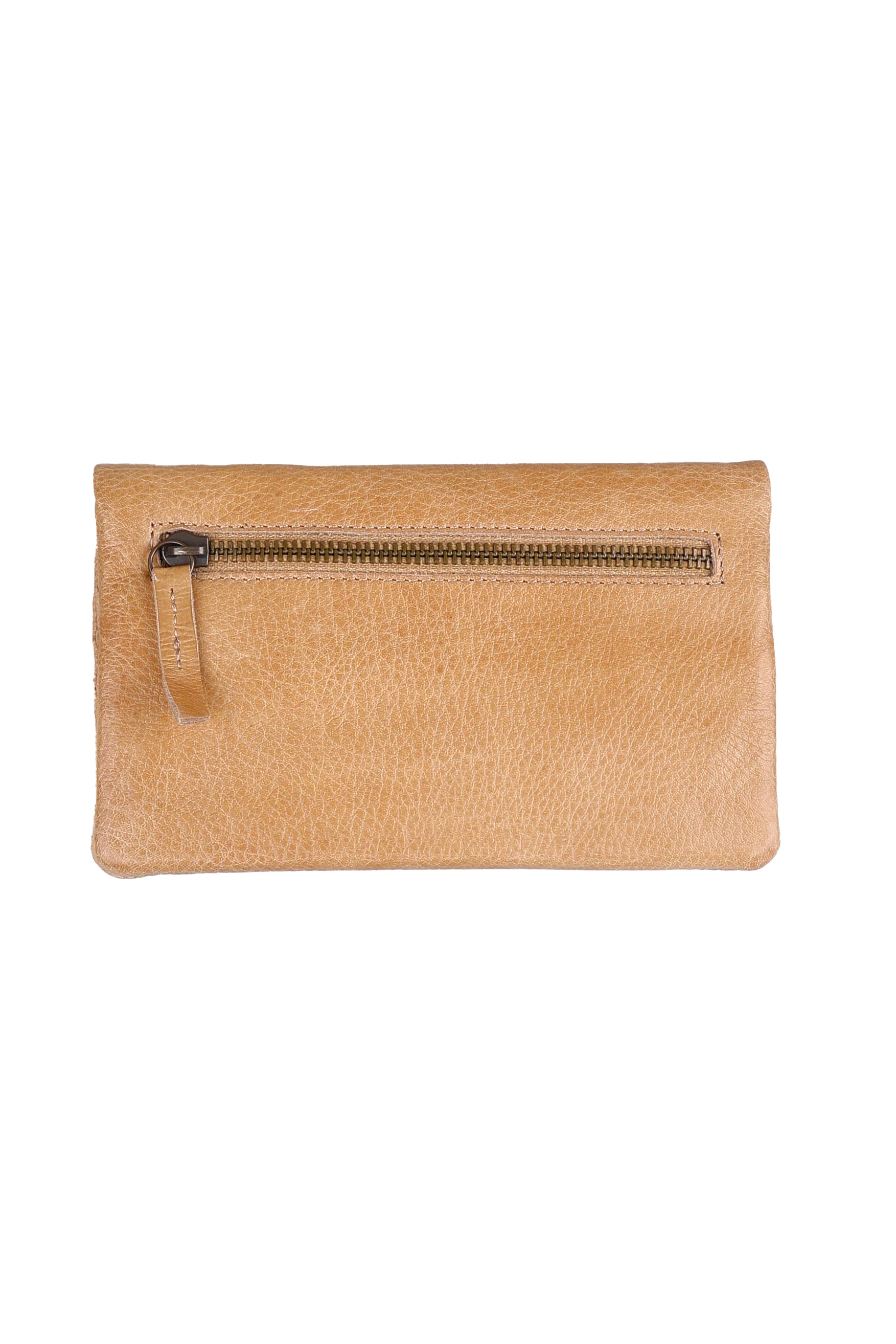 Product shot of the Mila Leather Foldover Purse in colour Sand, from the back