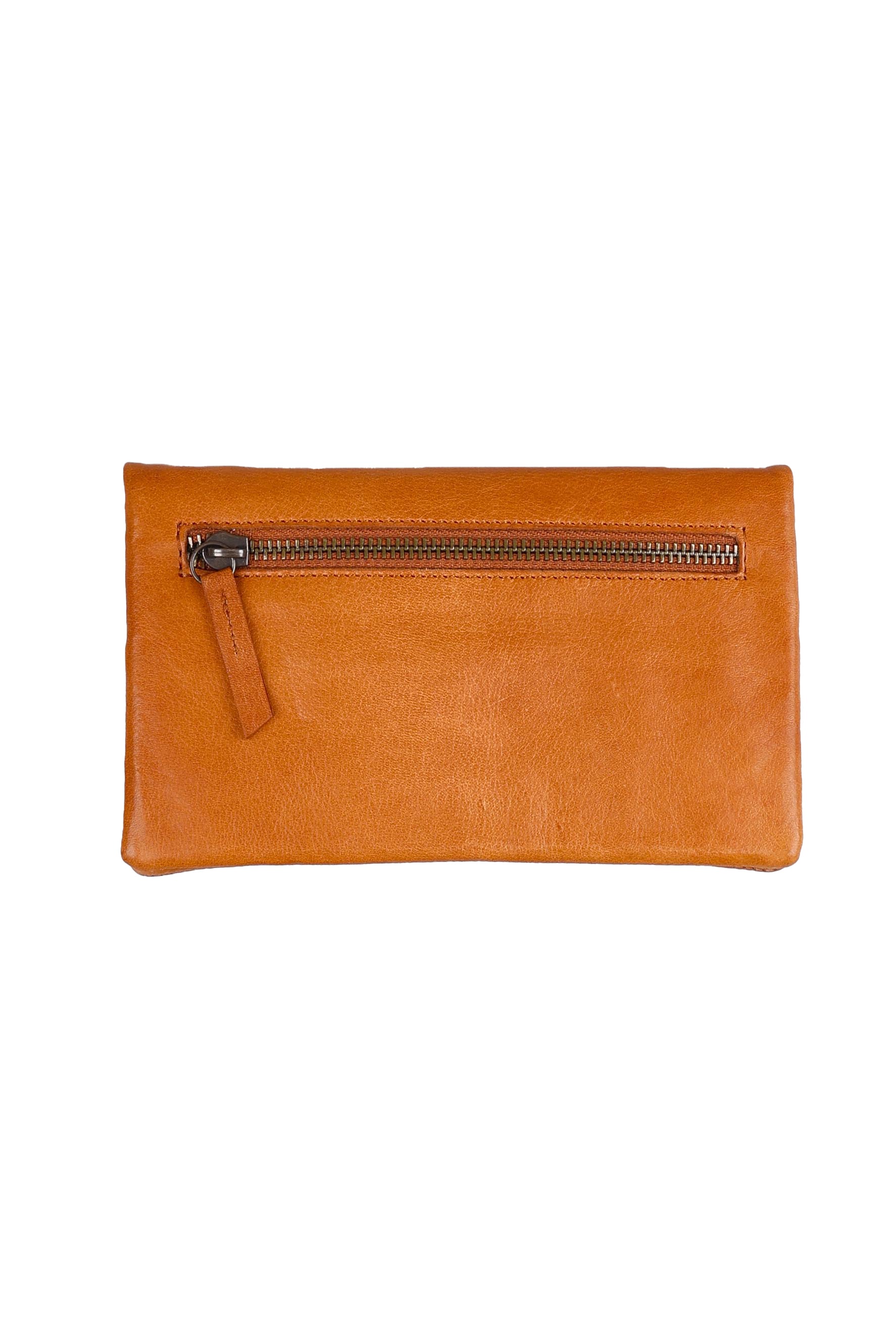 Product shot of the Mila Leather Foldover Purse in colour Tan, from the back
