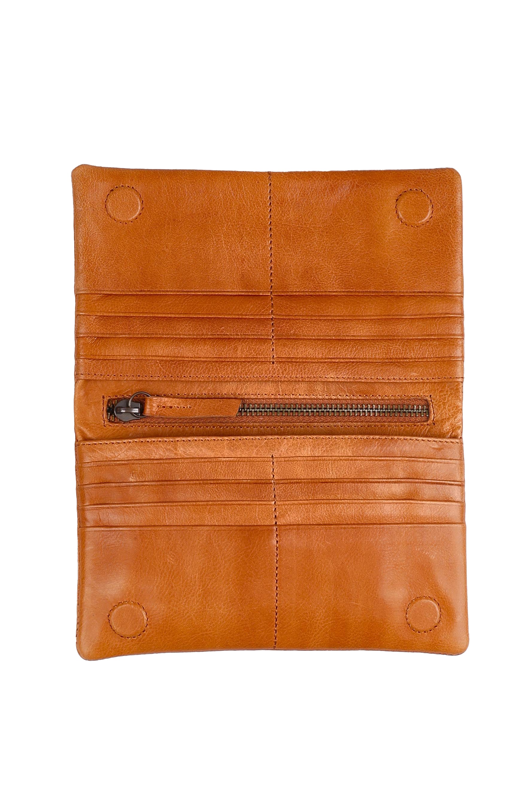 Product shot of the Mila Leather Foldover Purse in colour Tan, detail