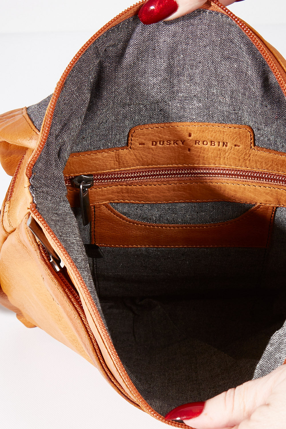 Product shot of size OneSize of the Neve Leather Backpack in colour Tan, detail