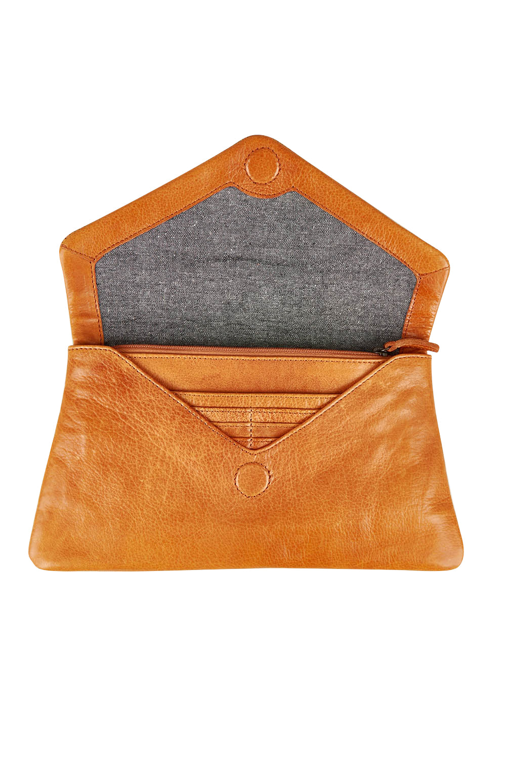 Product shot of the Riley Leather Clutch in colour Tan, detail