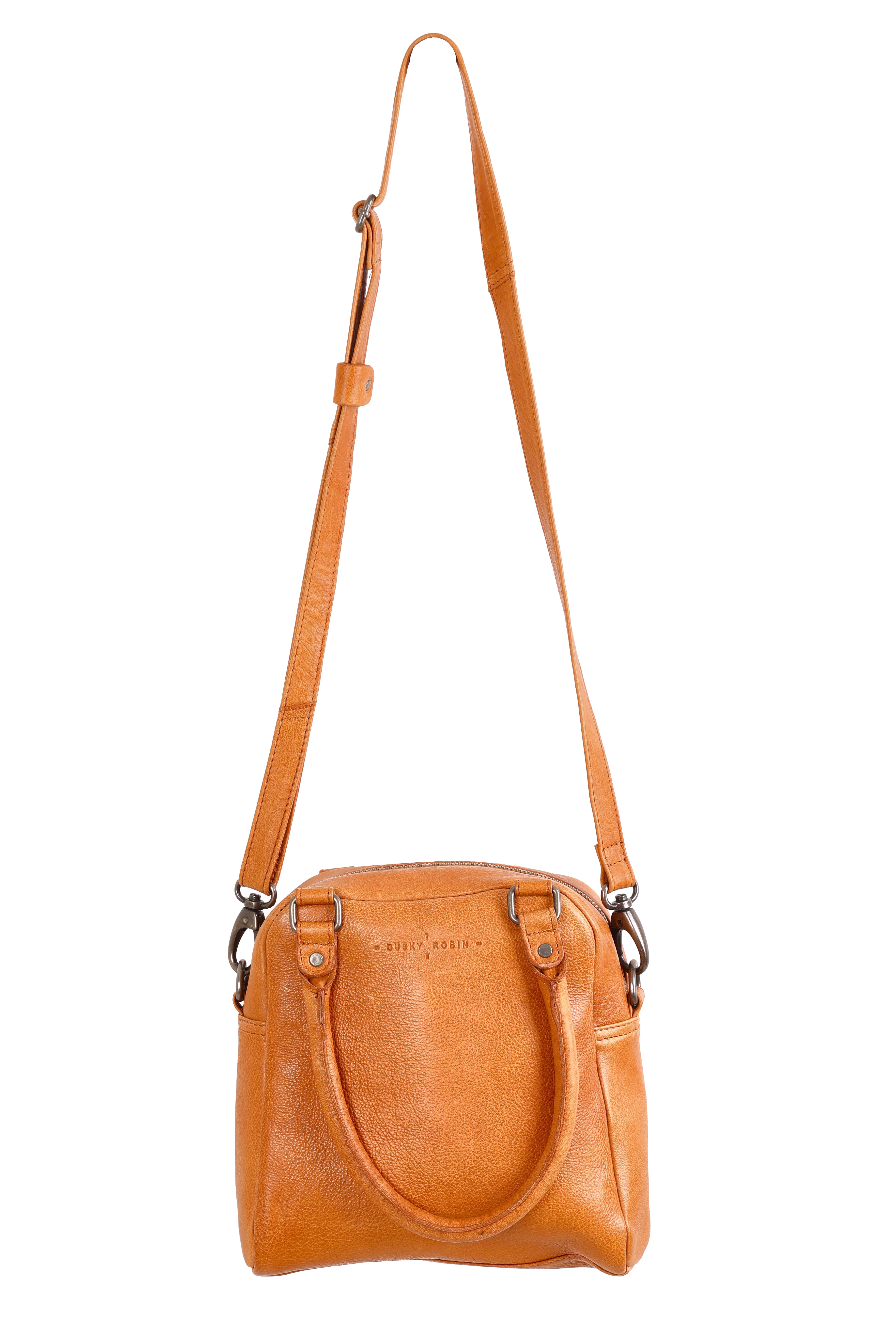Product shot of the Suki Leather Multiway Bag in colour Tan, from the front
