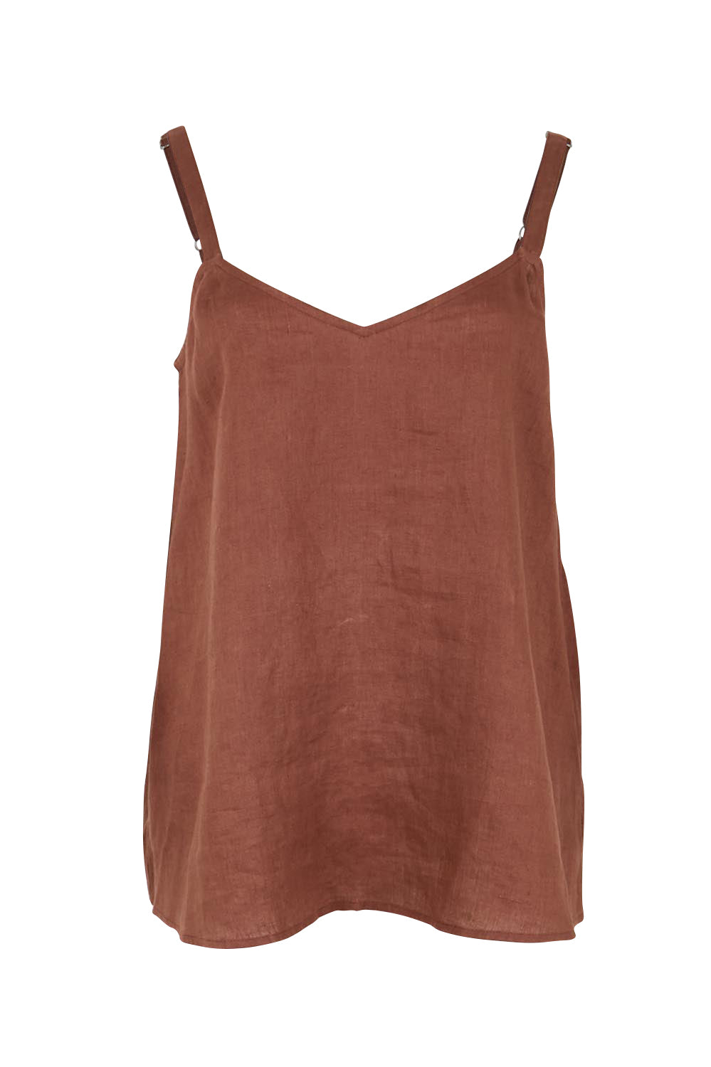 Product shot of the Studio Linen Tank – Chocolate in colour Chocolate, from the front