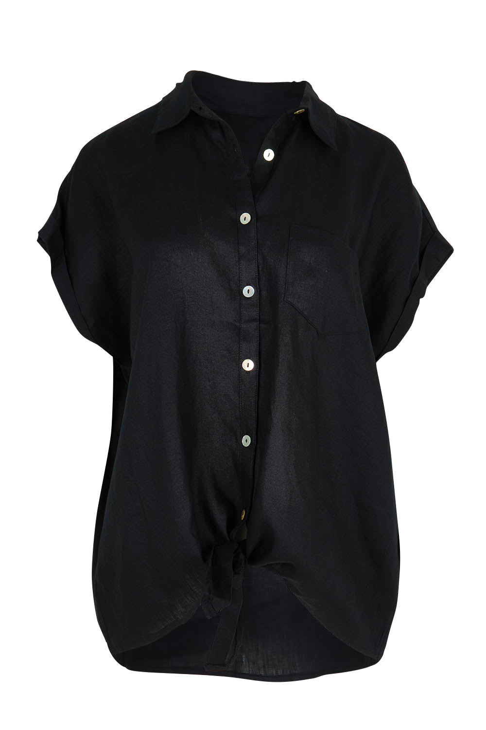 Product shot of the Studio Linen Tie Shirt in colour Ebony (Black), from the front
