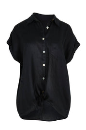 Product shot of the Studio Linen Tie Shirt in colour Ebony (Black), from the front
