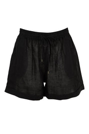 Product shot of the Studio Linen Short in colour Ebony (Black), from the front