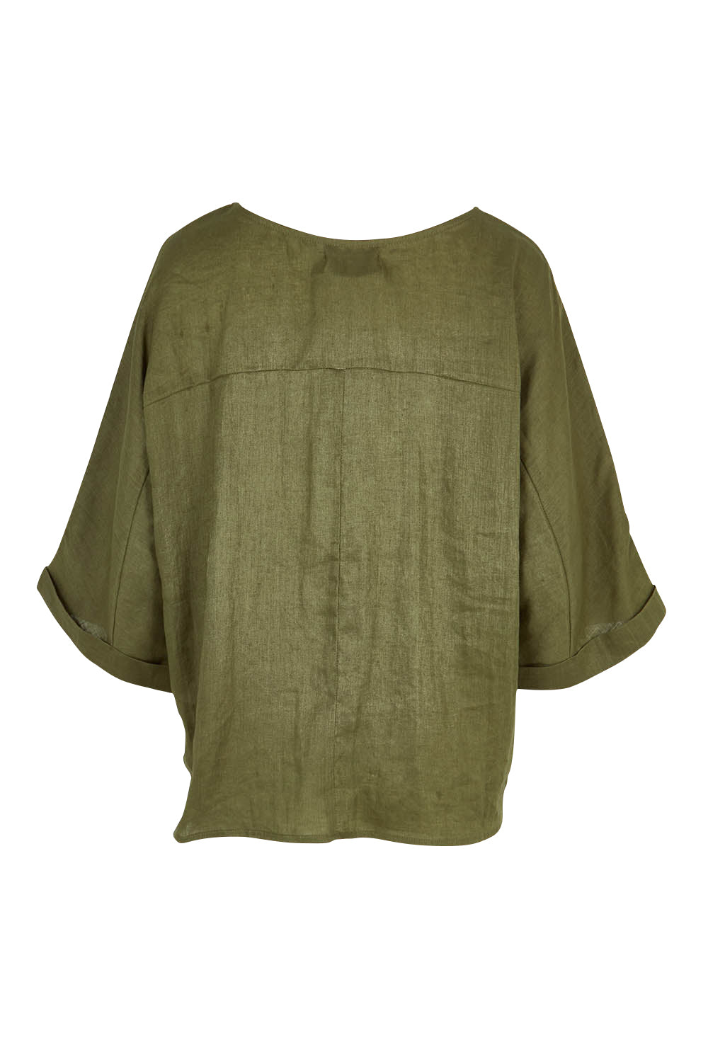 Product shot of the Studio Relaxed Top in colour Khaki (Green), from the back