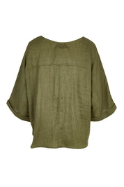 Product shot of the Studio Relaxed Top in colour Khaki (Green), from the back