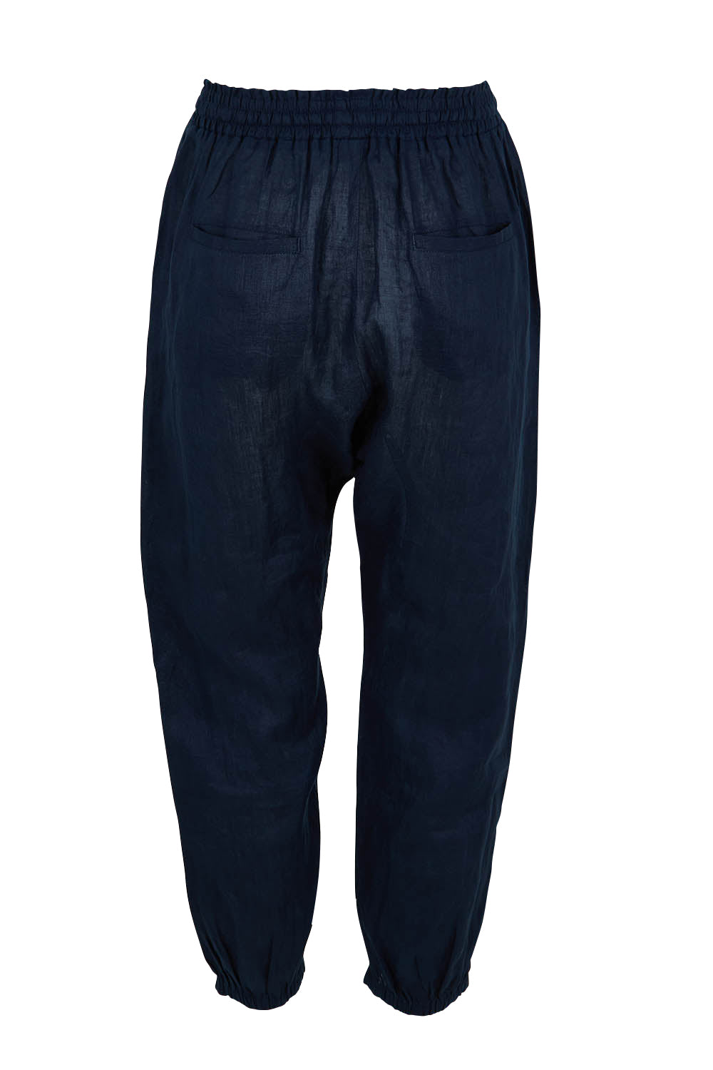 Product shot of the Studio Relaxed Linen Pant in colour Navy (Blue), from the back