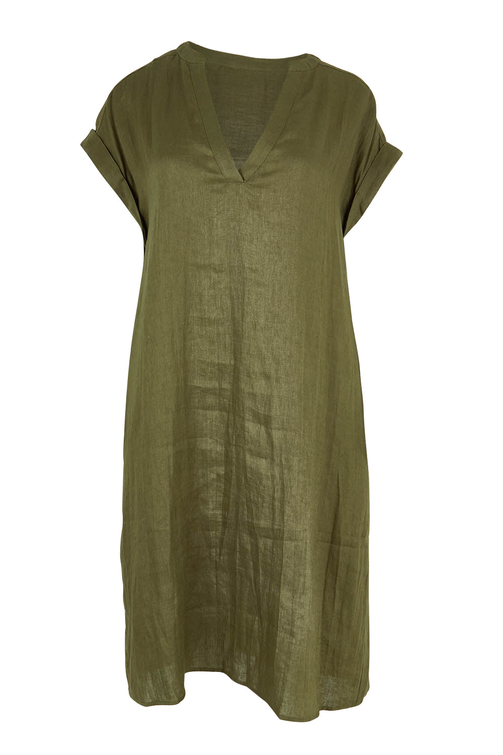 Product shot of the Studio Linen Dress in colour Khaki (Green), from the front